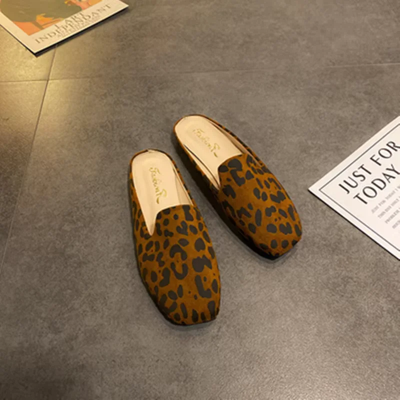 Women Leopard Printed Cheap Promotion Square Toe Slides Flat Shoes Flock Slippers Outdoor Summer Breathable Footwear 48-33 Beige