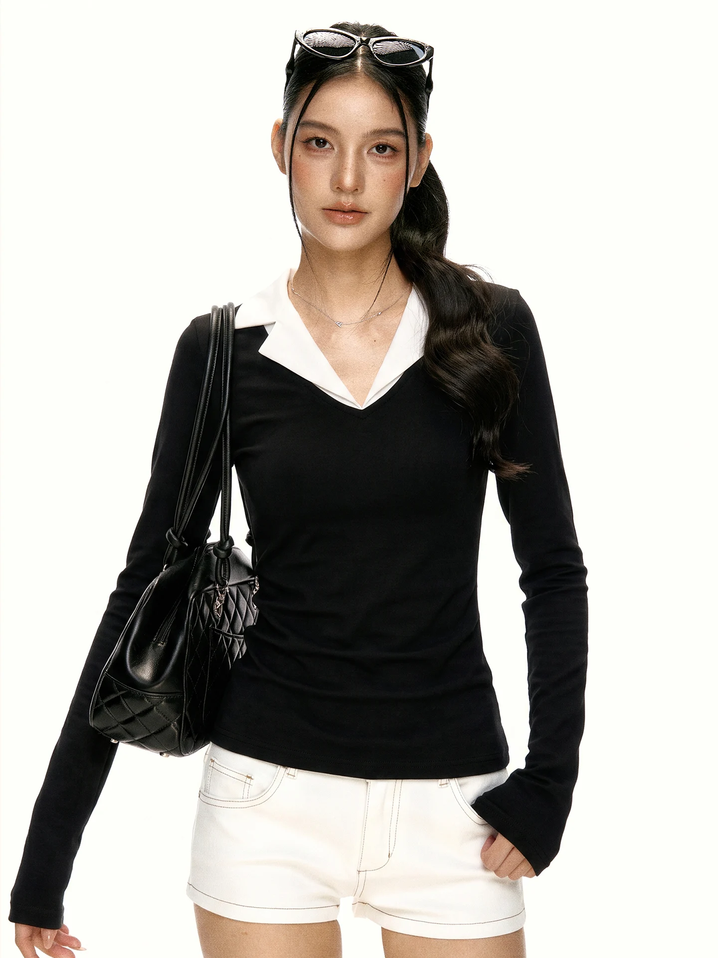 Black Slim Fit V-Neck T-Shirt Women's Fashion College Style Long Sleeve Base Shirt Top Aaisup Initial Autumn Wear