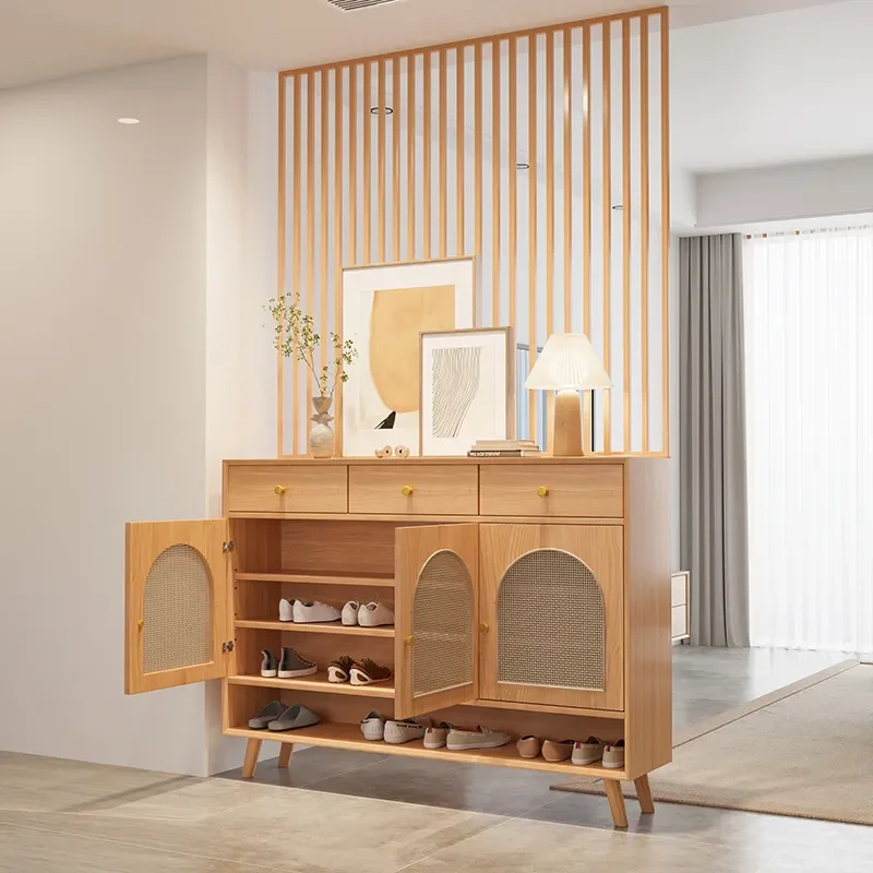Nordic Solid Wood Grid Screen Partition Cabinet Modern Simple Entrance Shoe Storage for Living Room Home Doorway Decor