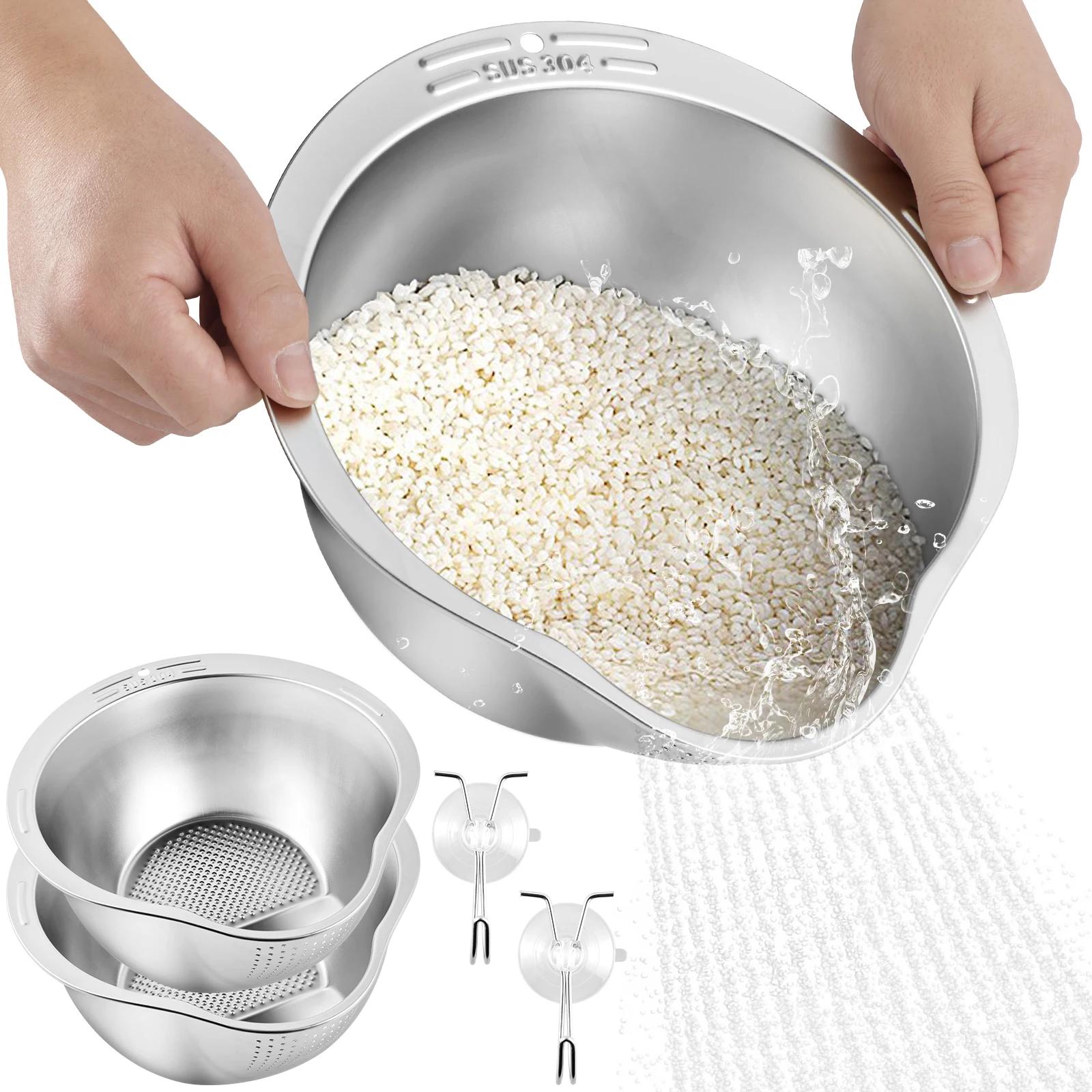 Rice Strainer 2 Pack Strainers and Colanders for Kitchen with 2 Hooks Stainless Steel Rice Washing Bowl Versatile Kitchen