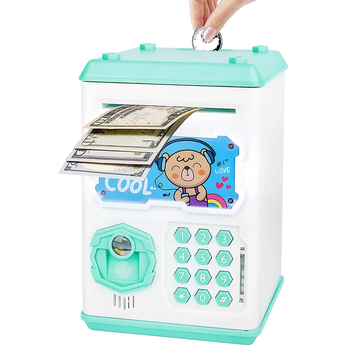 Electronic Piggy Bank,ATM Password Coin Bank For Kids,Simulate Face Fingerprint Automatic Scroll Paper Money Coin Bank