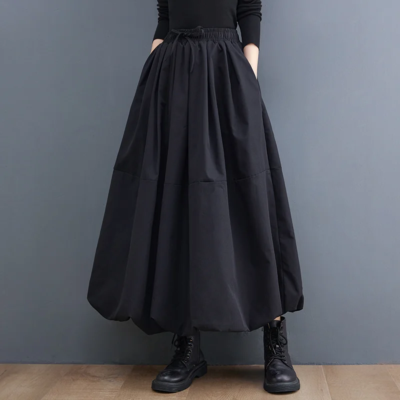 #3022 Spring Black A-line Skirt Women Pockets Long Tulle Skirt High Waisted Midi Skirt Female Loose Vintage Gothic Skirt Ladies