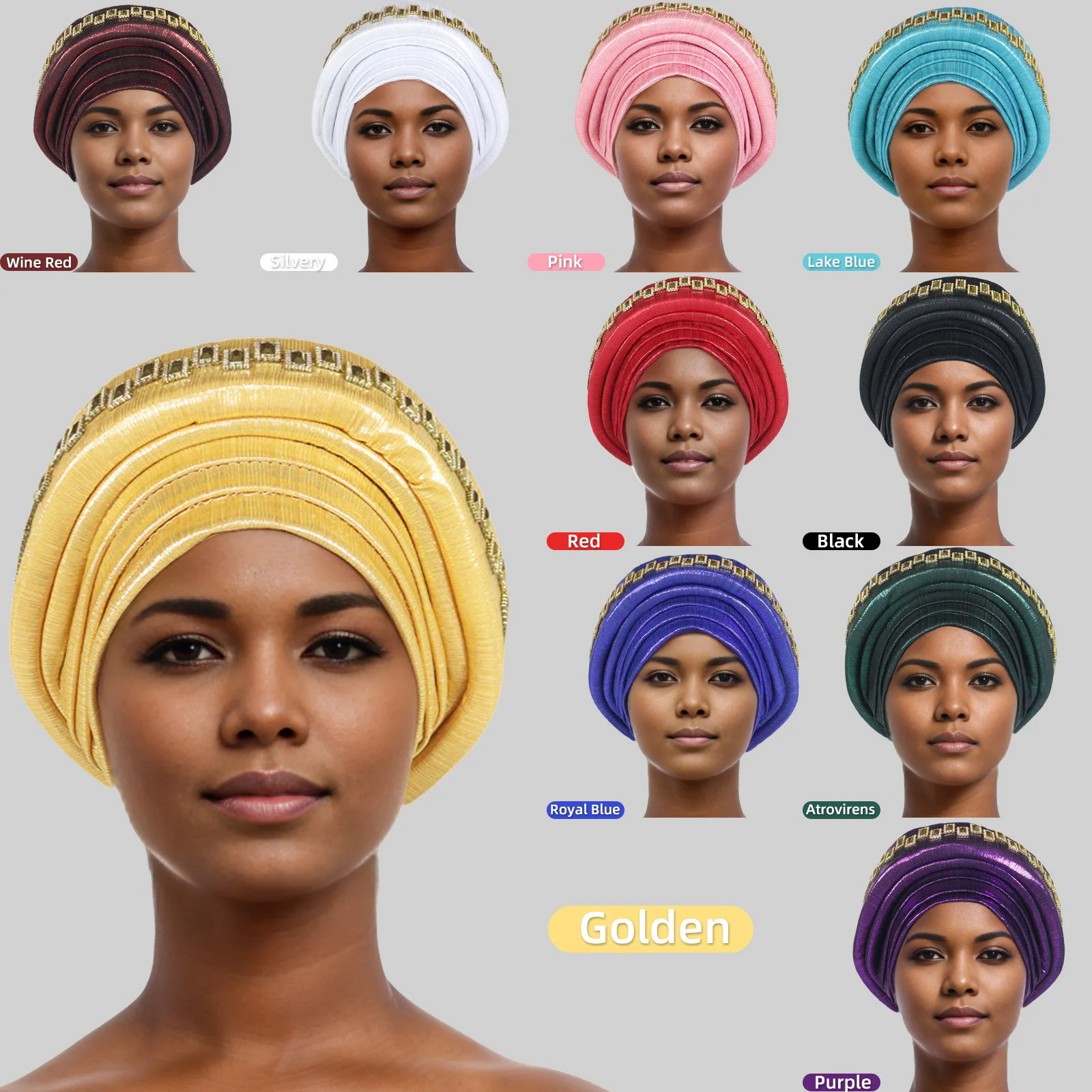 New African Auto Gele Women Turban Cap Diamonds Nigeria Headtie Wedding Party Head Ties Female Head Wraps Already Made Autogele