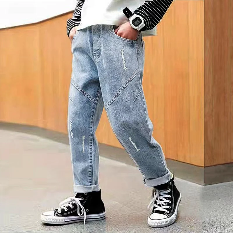 

DIIMUU Spring Autumn Kids Boys Bottoms Clothes Jeans Children Fashion Denim Long Pants Slim Fit Trousers For 5-11 Years