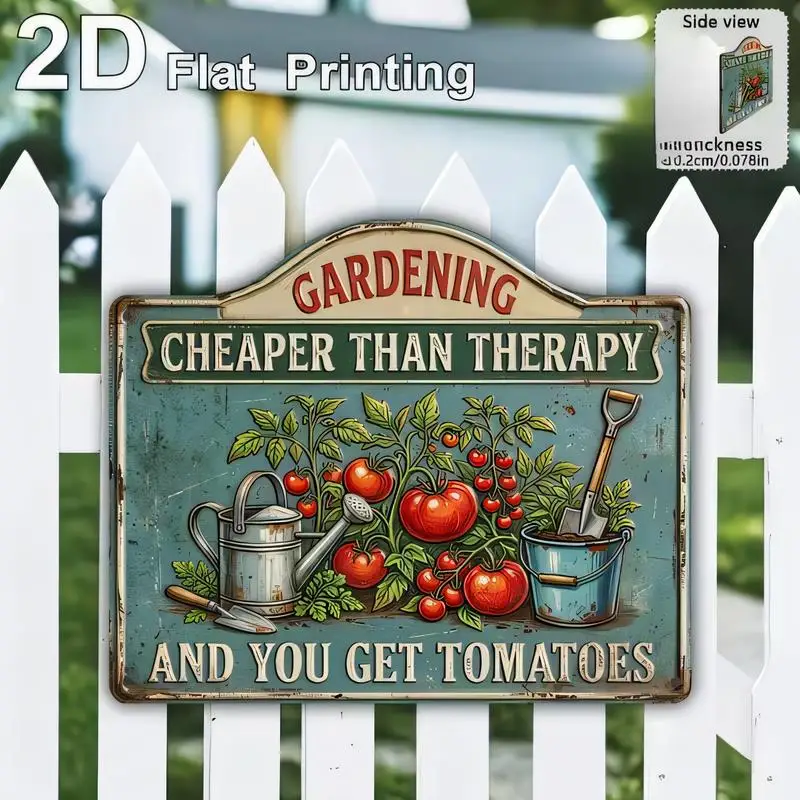 2D Flat Printing Gardening Cheaper Than Therapy Vintage Metal Tin Sign - Retro Design with Tomatoes, Tools, Watering Can, Teal/R