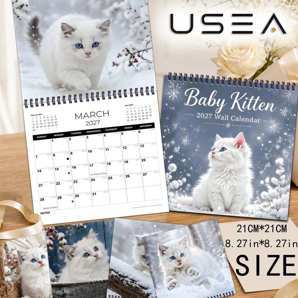 Baby Kitten 2027 Wall Calendar,12-Month Planner ,US Holidays & Lunar Phases,Ideal Gift for Moms, Coworkers,Teachers,Secret Santa