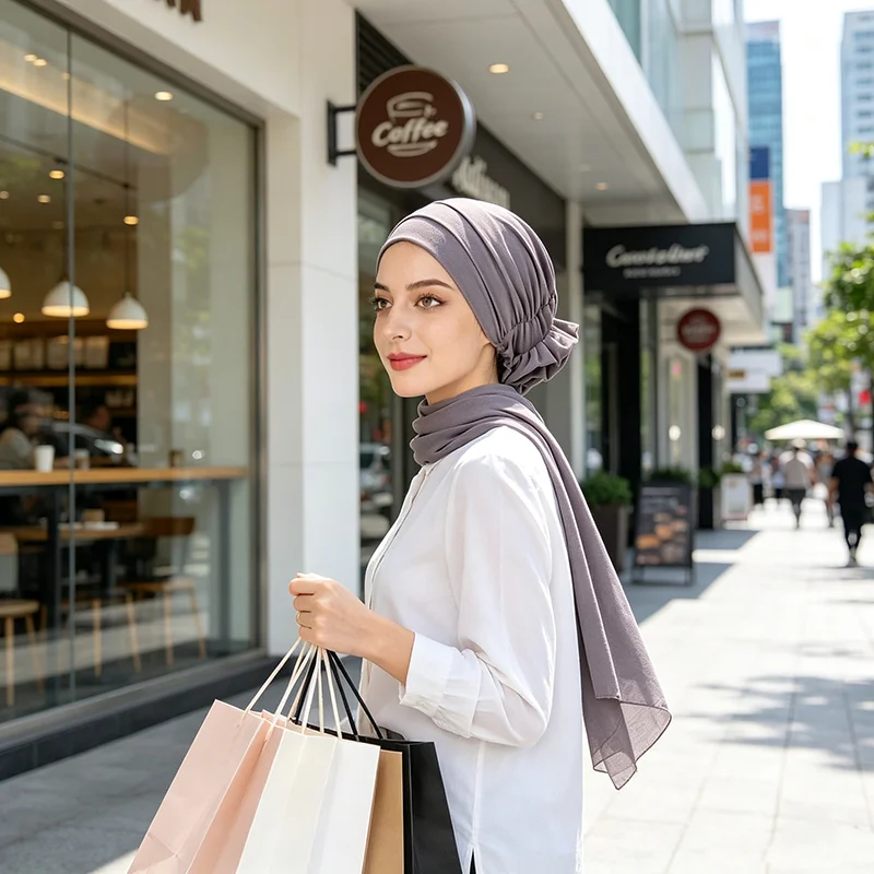 Neue Damen-Hijab-Kappen in Unifarben mit Vintage-Blumenmuster, Muslimische Damen-Turbane, Chemo-Kappen, Kopftücher, Damen-Kopfwickel – Detail 7
