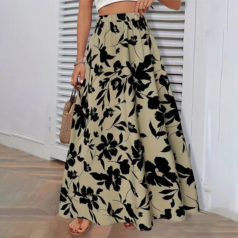 Elastic Waist Printed Long A-line Skirt Summer High-end Temperament Commuting Drape Pleated Skirt Half Skirt Women's Clothing