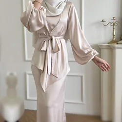 2 Piece Sets Women Outfit Satin Muslim Top and Dress Set Woman Shirt Blouses Kimono Luxury Islamic Clothing Matching Suit Turkey