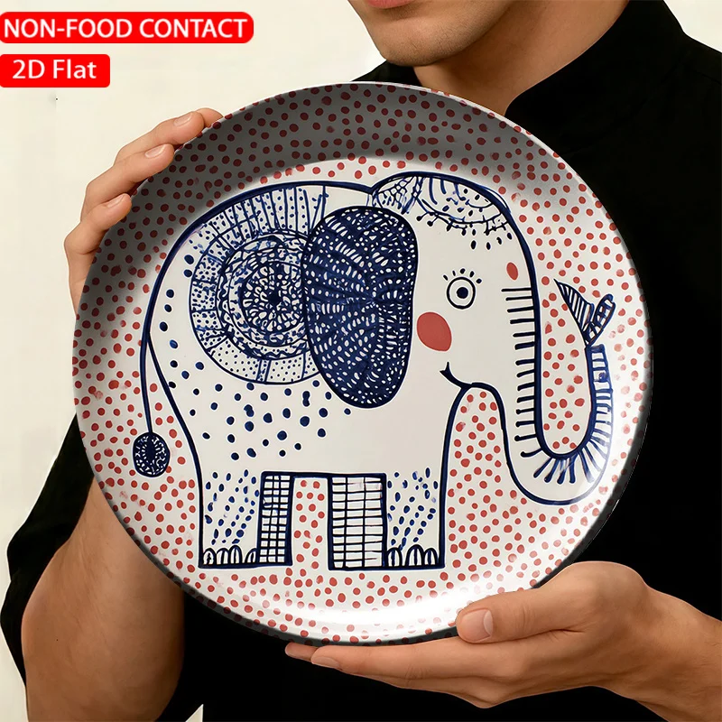 1pc FORJN Ceramic Decorative Plate with Red Dotted Elephant Wall Art - Round Non-Food Contact Plate Suitable, Living Room,