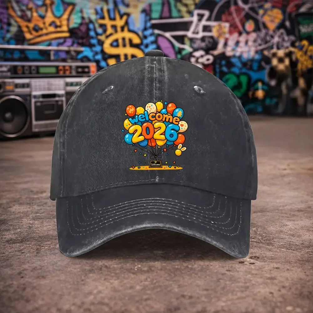 1pc Unisex 2026 Welcome Balloon Pattern Vintage Washed Baseball Cap - Men'S Trendy Hat - Versatile Duckbill Cap - Fun Print - Un