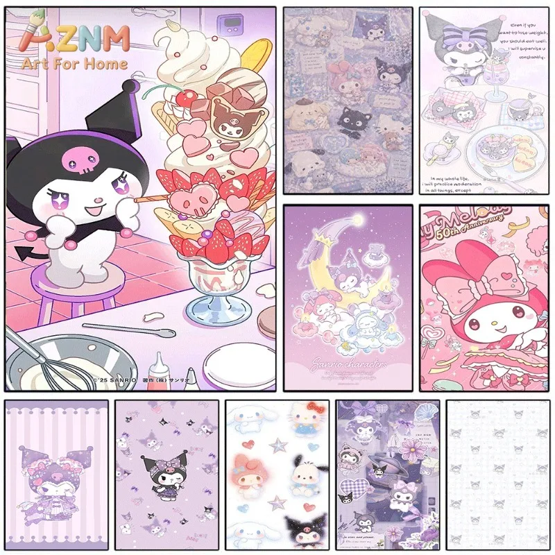 Kuromi My Melody Cinnamoroll Canvas Poster Cute Sanrio Cartoon Print Unframed Canvas Art Ice Cream Dessert Sweet Purple Kawaii