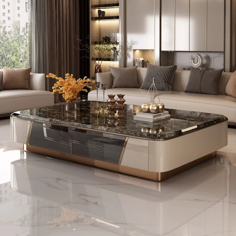Light Luxury Microcrystalline Stone Coffee Table Storage Center Table Gold Metal Base Tea Table with Drawers for Living Room