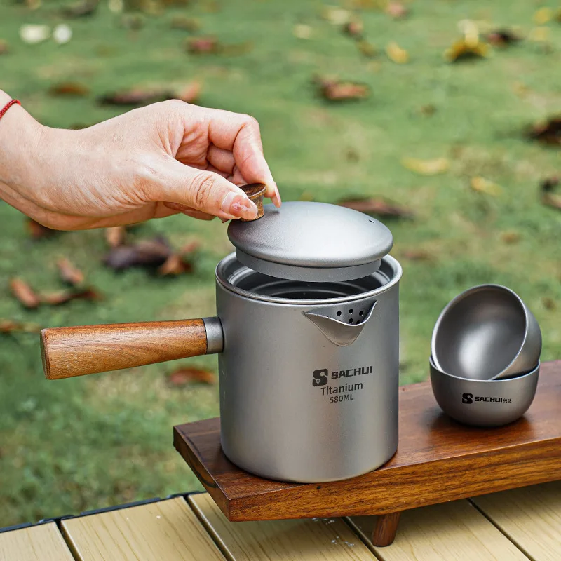 Pure Titanium Tea Kettle With Tea Strainer Multi-Use Pot Outdoor Camping Hiking Tea Maker Portable Removable Wood Handle Tea Set