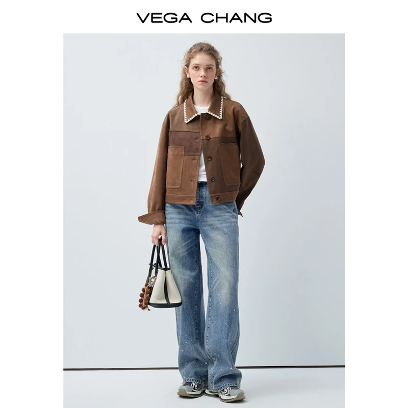 Vega Chang Spring and Autumn New Women's Patchwork Faux Suede Versatile Short Jacket