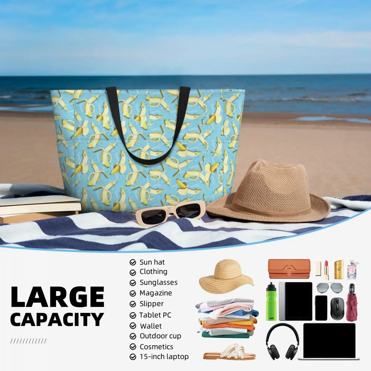 Bananaaaa! - Cockatiel Banana Pattern Large travel bag Waterproof Tote Beach Bag Large Capacity Travel Shopping bags