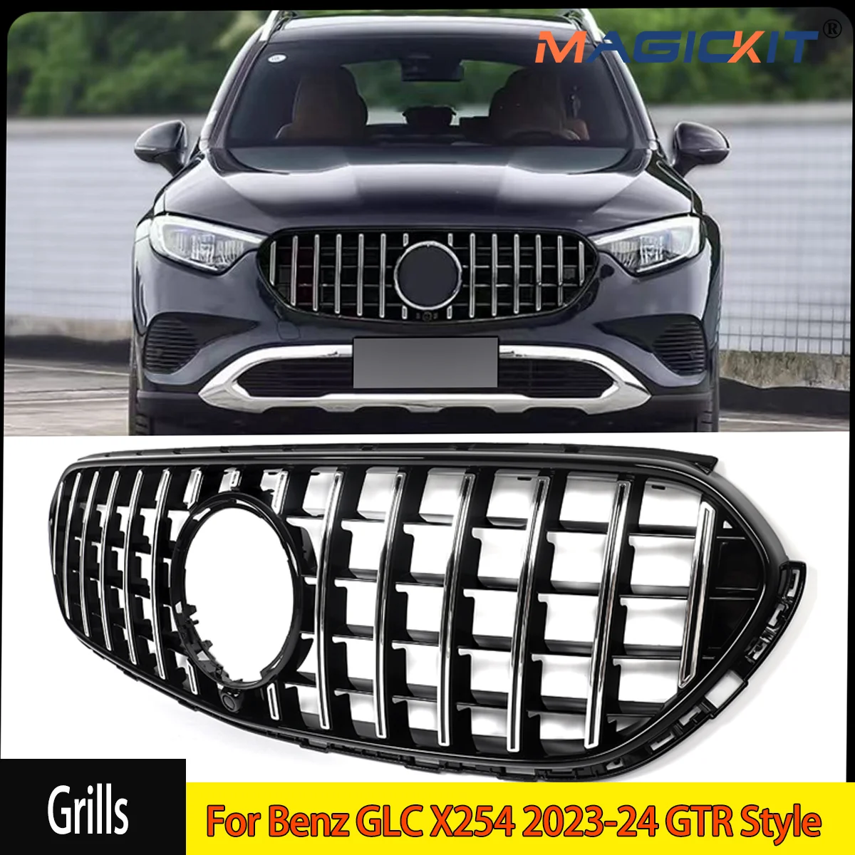 For Benz GLC X254 2023-24 GTR Style Front Grille Grill Chrome Trim Black Grille