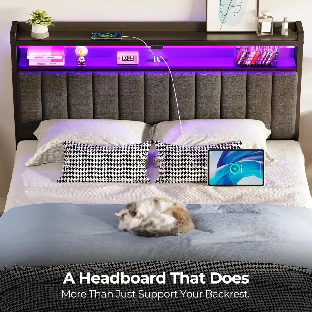 Headboard untuk tempat tidur ukuran Queen dengan penyimpanan, 60,000 warna lampu LED DIY, papan kepala dengan Port USB & tipe C, tinggi dapat diatur