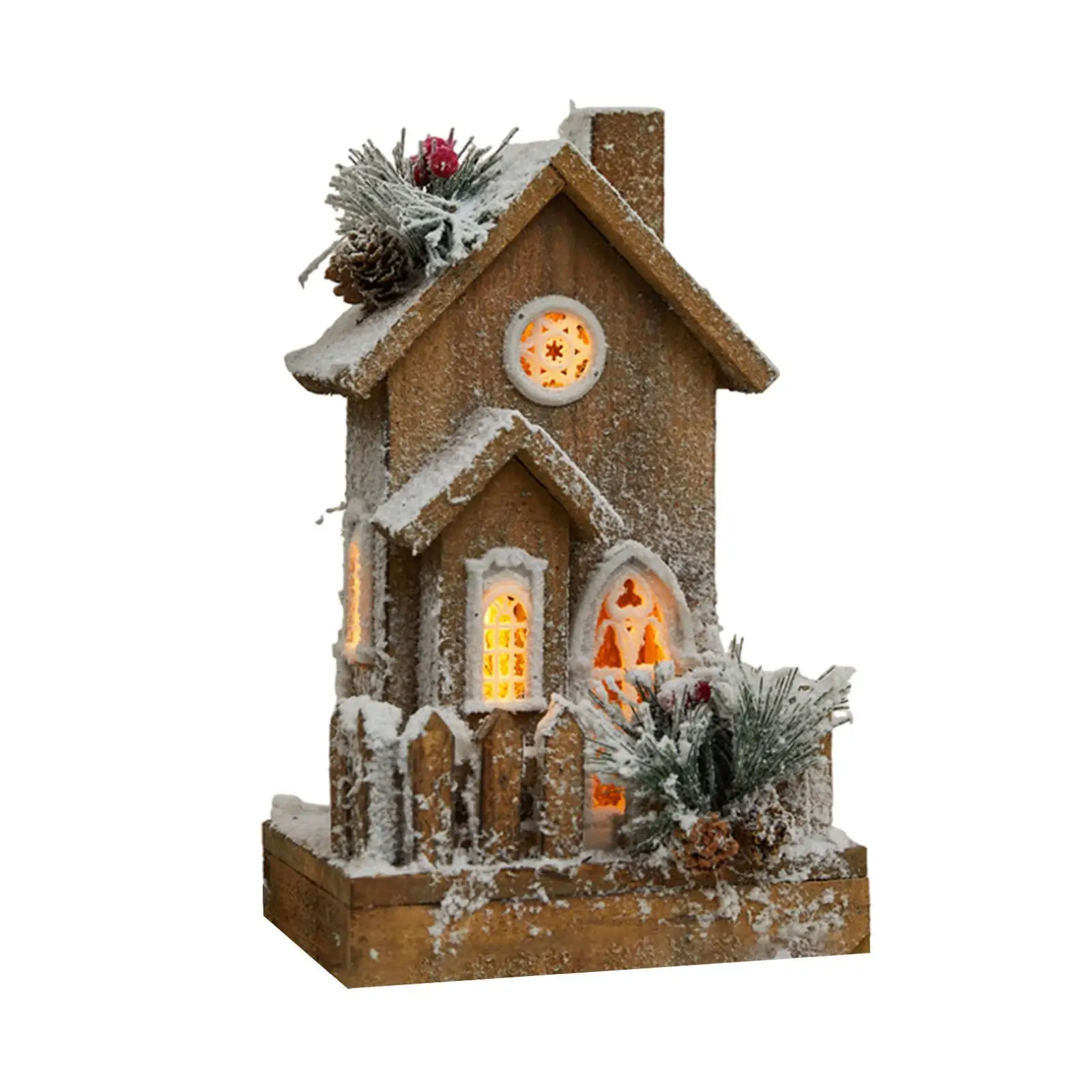 Christmas Snow House Wood House Figurine with Warm Light Xmas Kids Gift Birthday