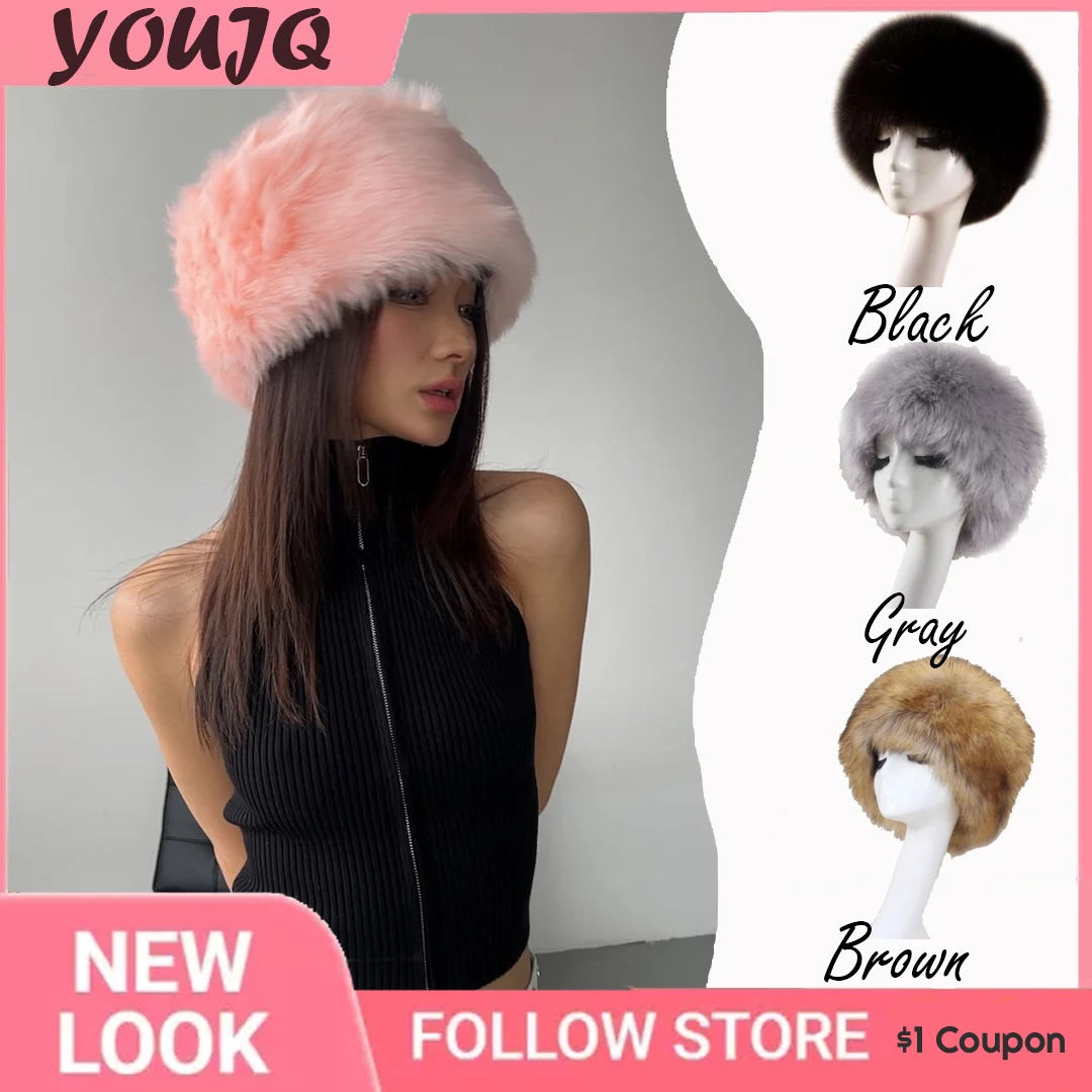 Y2k Winter Fluffy Fuzzy Faux Fur Bucket Hats For Women Warm Plush Fisherman Hat Outdoor Stylish Panama Caps New Year Presents