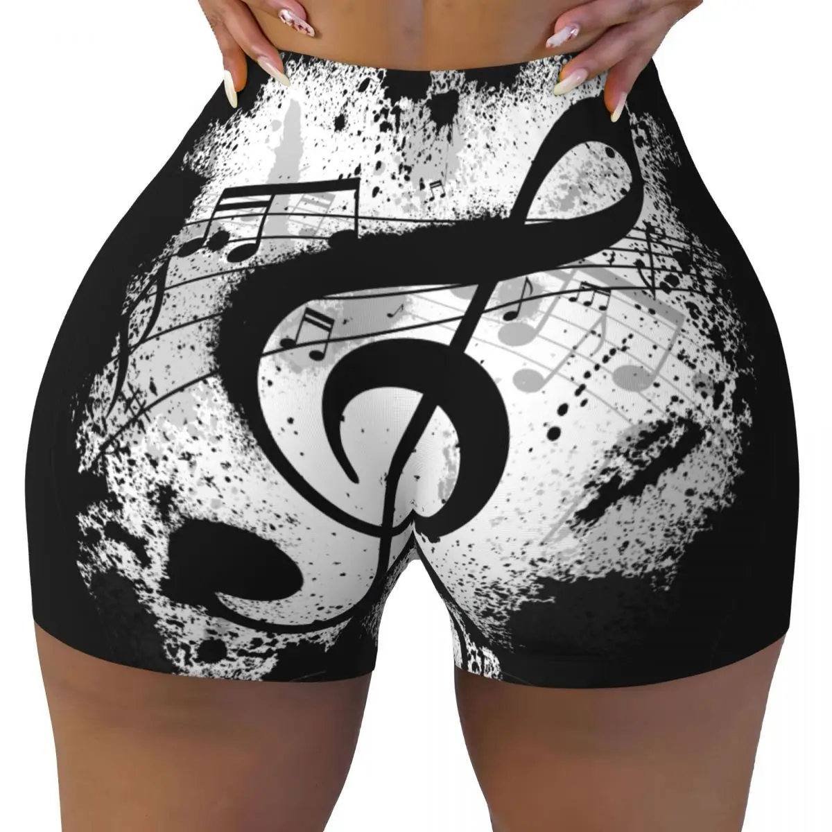 Women's Yoga Shorts Black Music Note Abstract Scrunch Booty Butt Lifting Comfort Fitness Gym