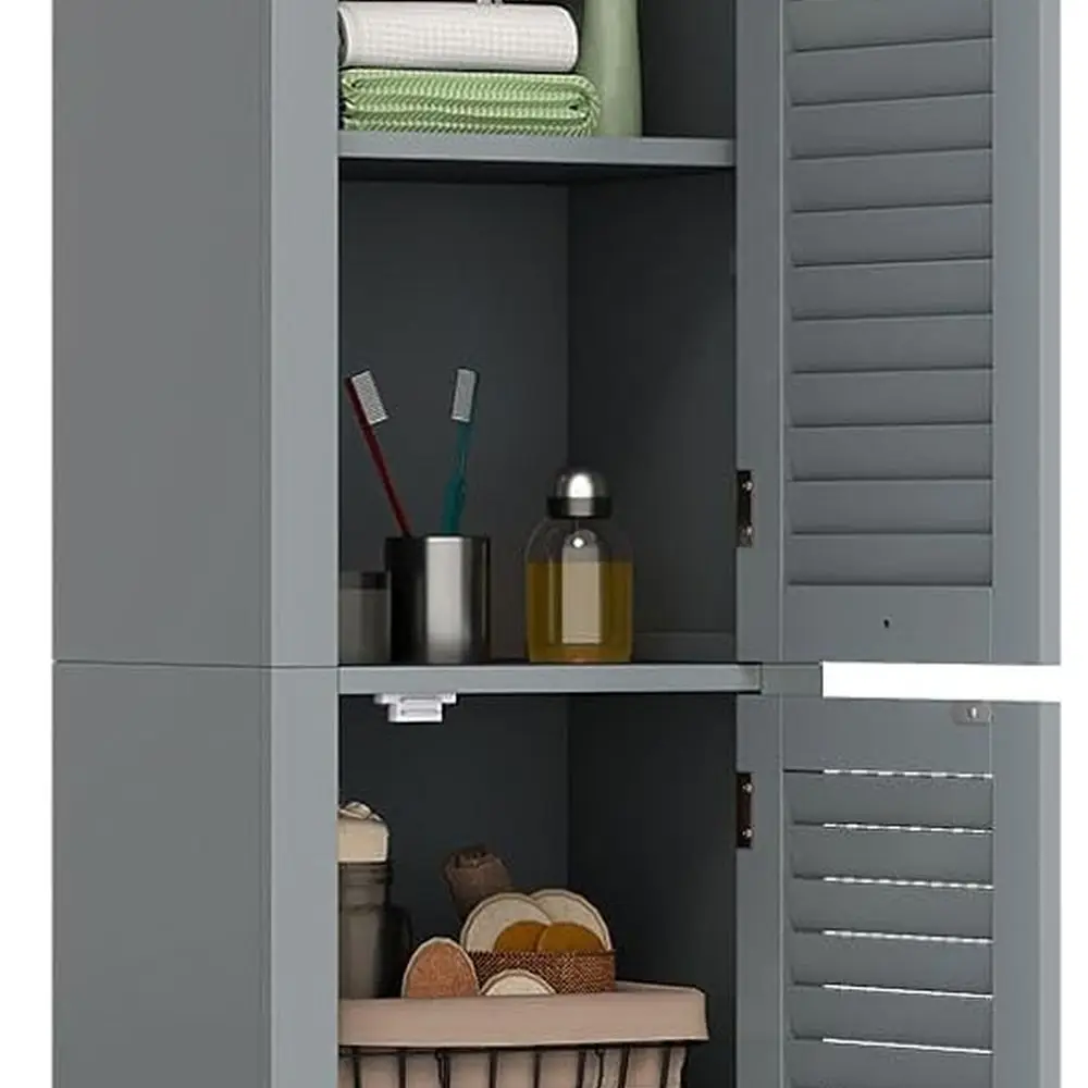 

Серый деревянный высокий шкаф с двумя дверцами и регулируемыми полками для хранения в гостиной, прихожей и кухне