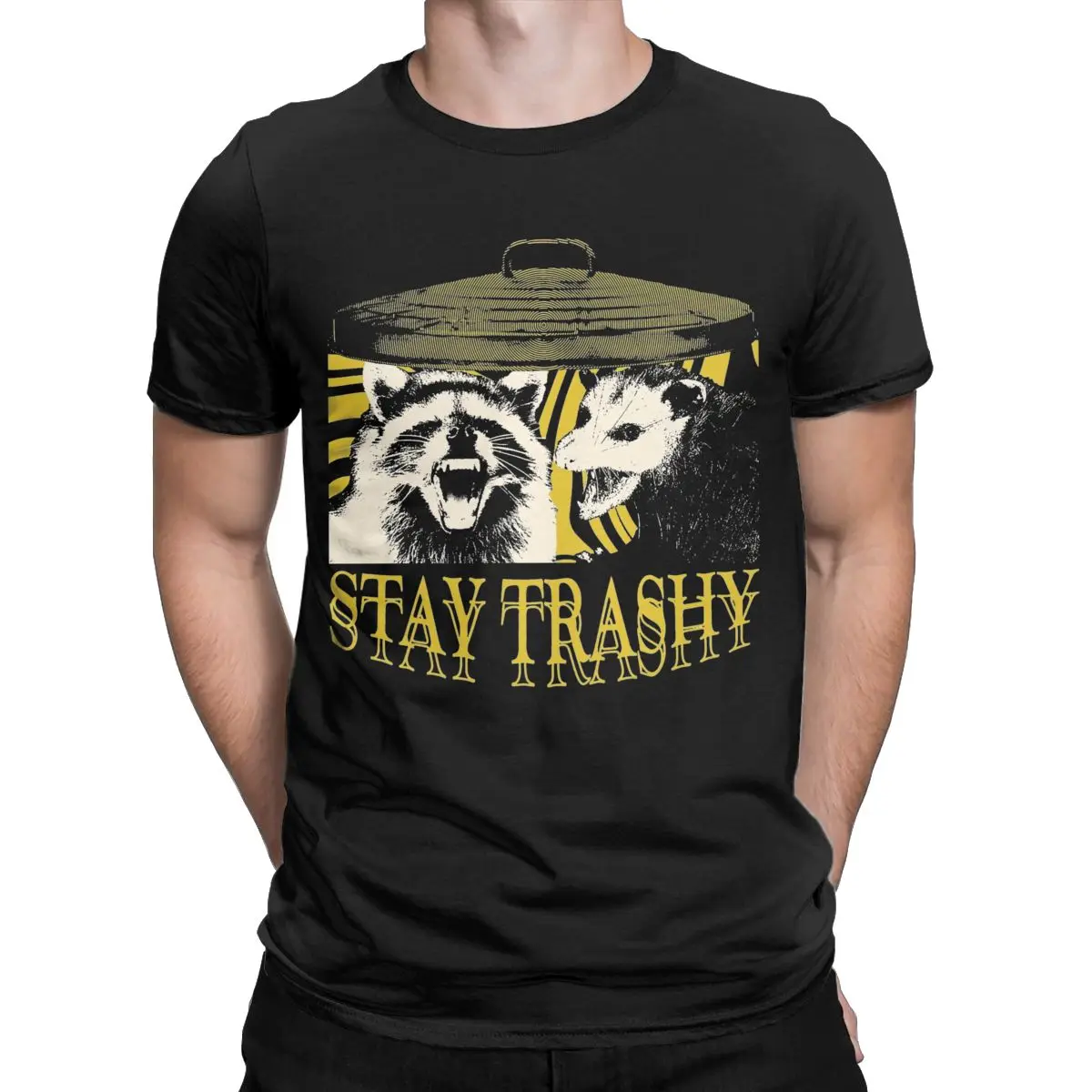 Vintage Stay Trashy Raccoon Opossum T-Shirts for Men Crew Neck 100% Cotton T Shirts Short Sleeve Tee Shirt Gift Idea Tops