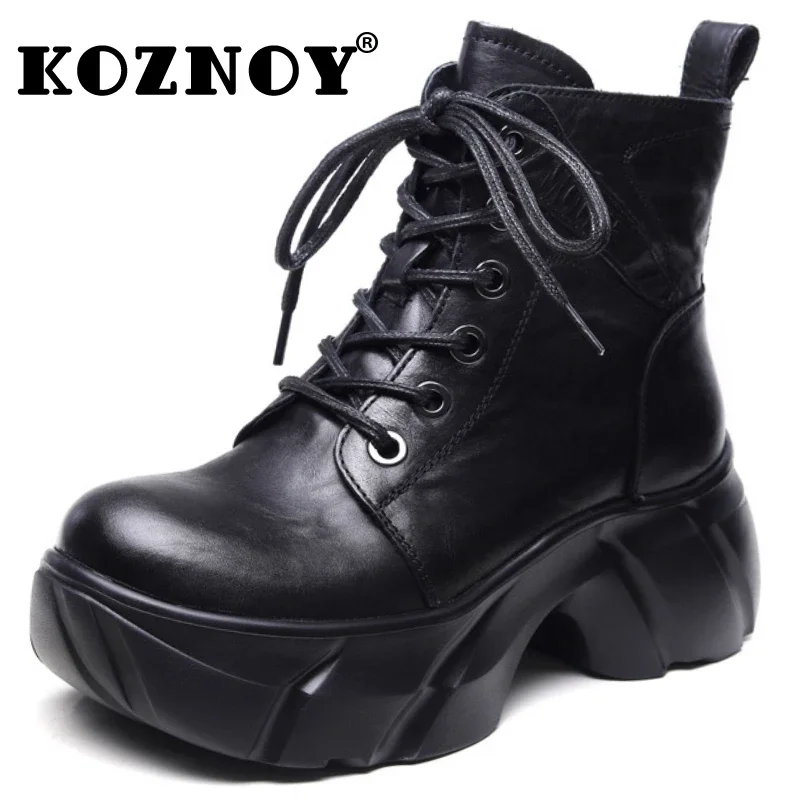 Koznoy 6cm Moccasins Women Retro Calf Cow Natural Genuine Leather Boots Chimney Spring Autumn Winter Plush Booties Shoes