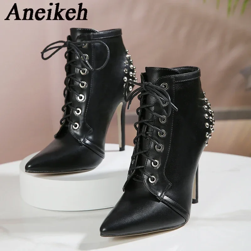 

Aneikeh Sexy Punk Style Rivet Ankle Boots Ladies' Stiletto High Heels Pointed Ultra High Heels Strap Fashion 2025 Autumn Winter