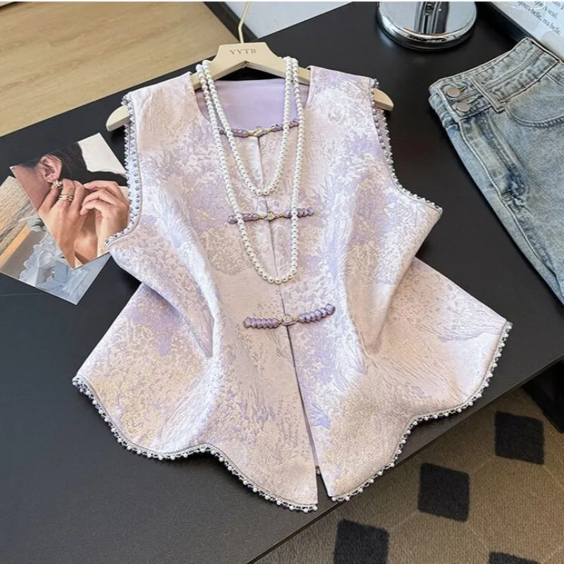 2026 Spring Women New New Chinese Purple Printed Vest Young Age Reducing Foreign Style National Style Elegant White Vest Female