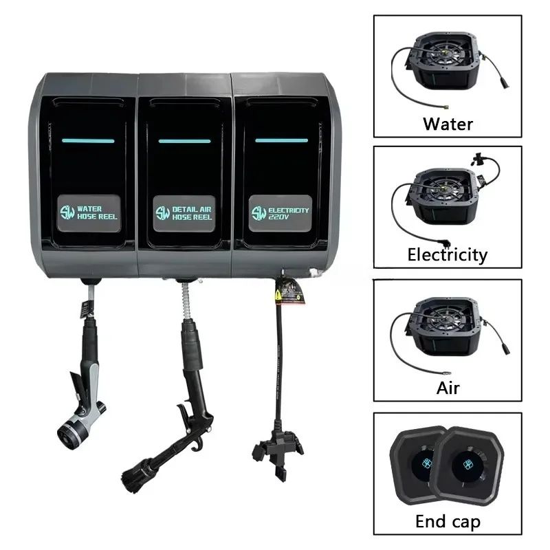 3 in 1 Air Water Electric 10m Retractable Hose Reel Including Cleaning  for Car Washing Garage Workshop Wall Mounted Cleaning