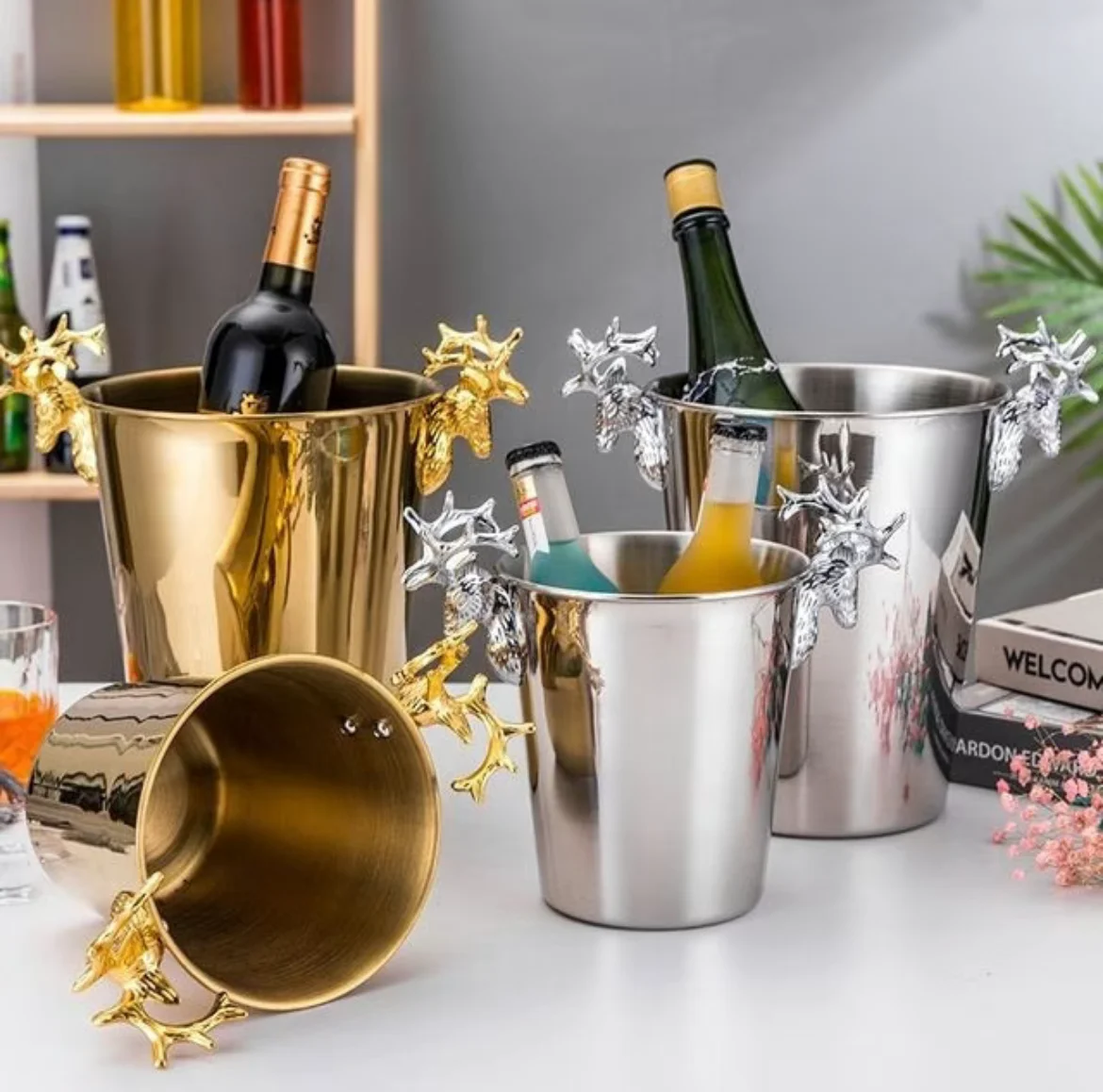 Stainless Steel Ice Barrel, Gold Deer Head, KTV Wine Chiller, Bottle Cooler, European Style Champagne Barrel