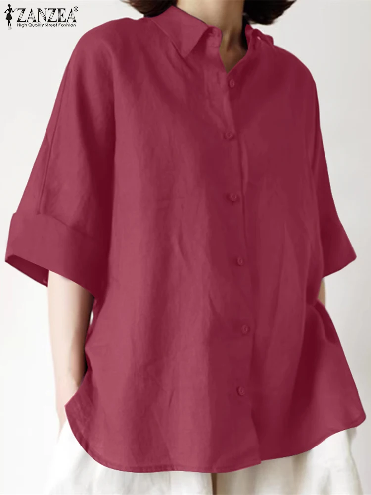 Stylowe damskie koszule ZANZEA Jesień Lato Bluzki 2025 Vintage Kołnierzyk z klapami Rękaw 3/4 Koszula do pracy Jednolite cienkie topy Oversize Chemise
