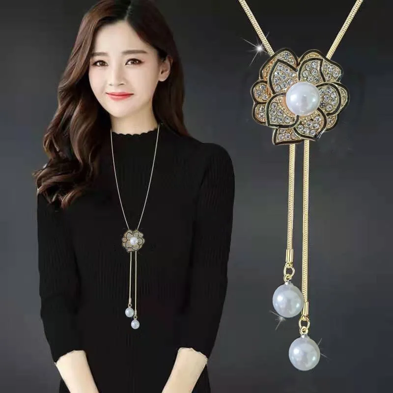 Women Sweater Chain Necklace Gold Color Crystal Geometric Flower Pendant Long Necklaces Jewelry Clothing Accessories