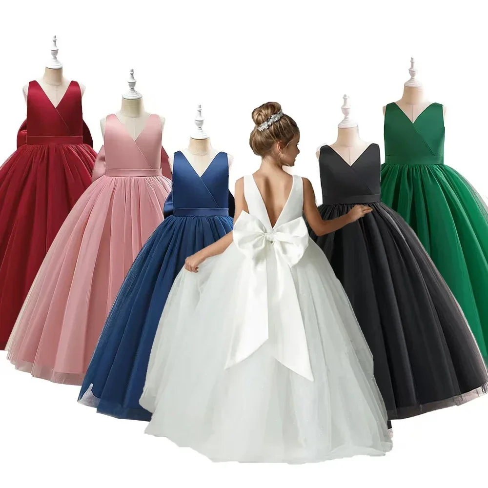 Girl Long White Bridesmaid Dresses For Wedding Prom Gown Big Bow Girls Party Dress Kids First Communiom Formal Evening Vestidos