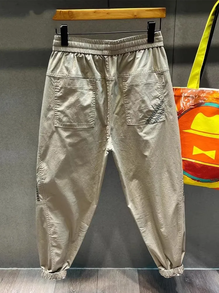 Pantalones informales para hombre, novedad de verano, pantalones holgados hasta el tobillo con cordón, moda de venta al por menor de Hip Hop, pantalones de chándal Cargo a rayas
