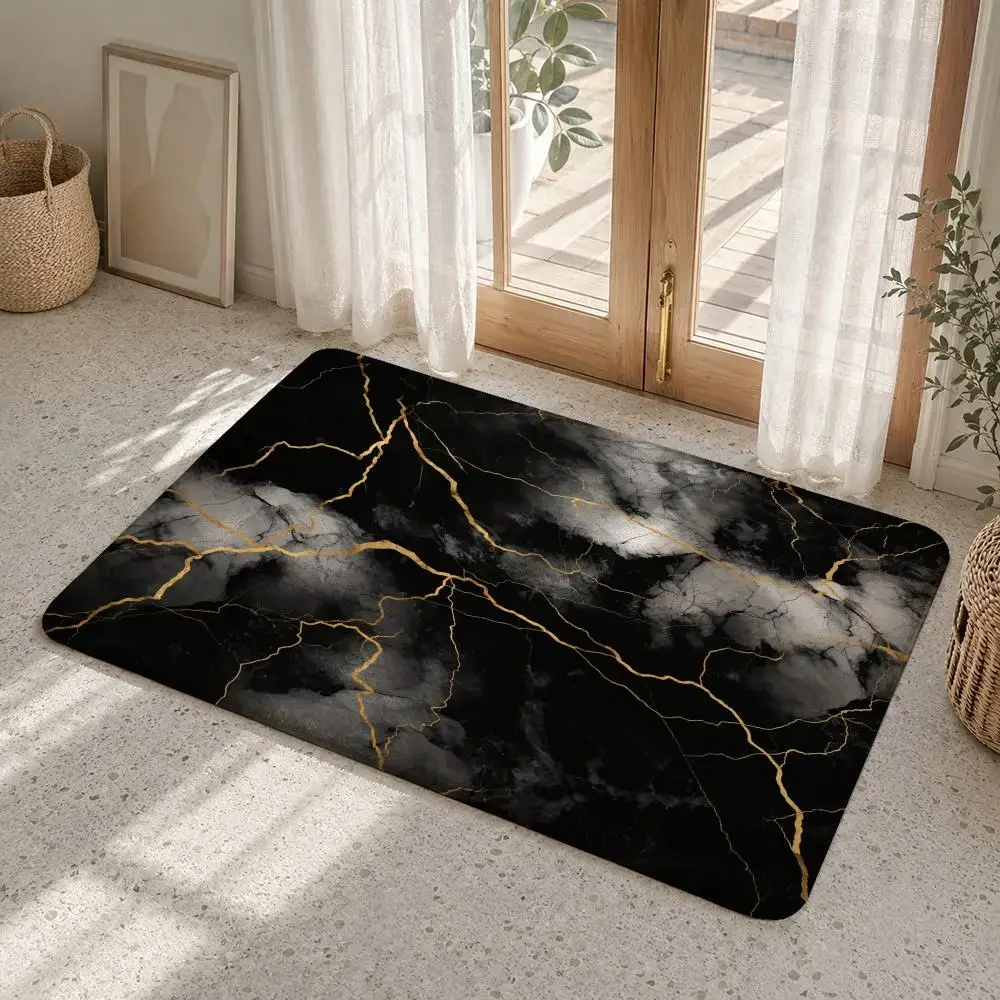 Luxury Marble Golden Veins Floor Mat Flannel Rug Non Slip Absorbent Soft Washable For Entryway Bathroom Kitchen Decor