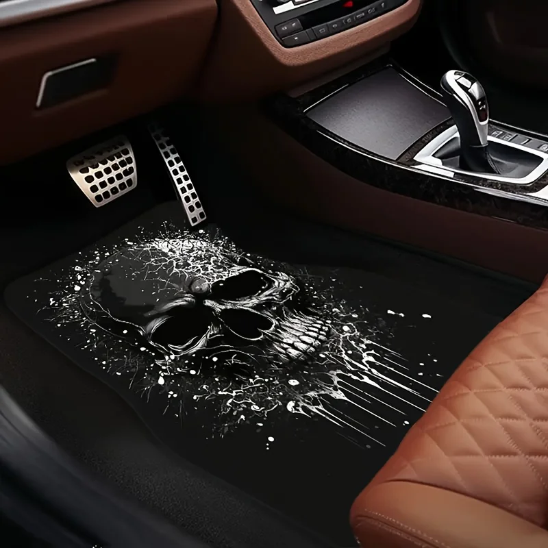 Skull Pattern Polyester Universal Car Floor Mats 4pcs Set - Suitable For Sedan, SUV Front And Rear Protection Pads - Non-Slip, E