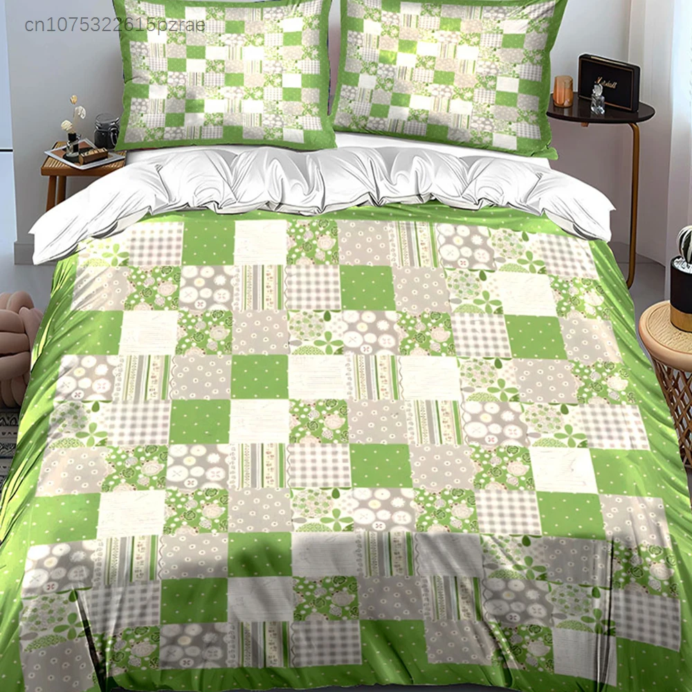 Pastel Green Tiny Floral Patchwork Bedding Set, Country Cottage Plaid Dot Print 1 Quilt Cover 2 Pillowcases, Kids Bedroom Decor
