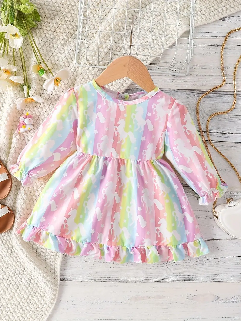 1-2 year old new baby girl spring and autumn colored striped unicorn printed speaker long sleeved dress