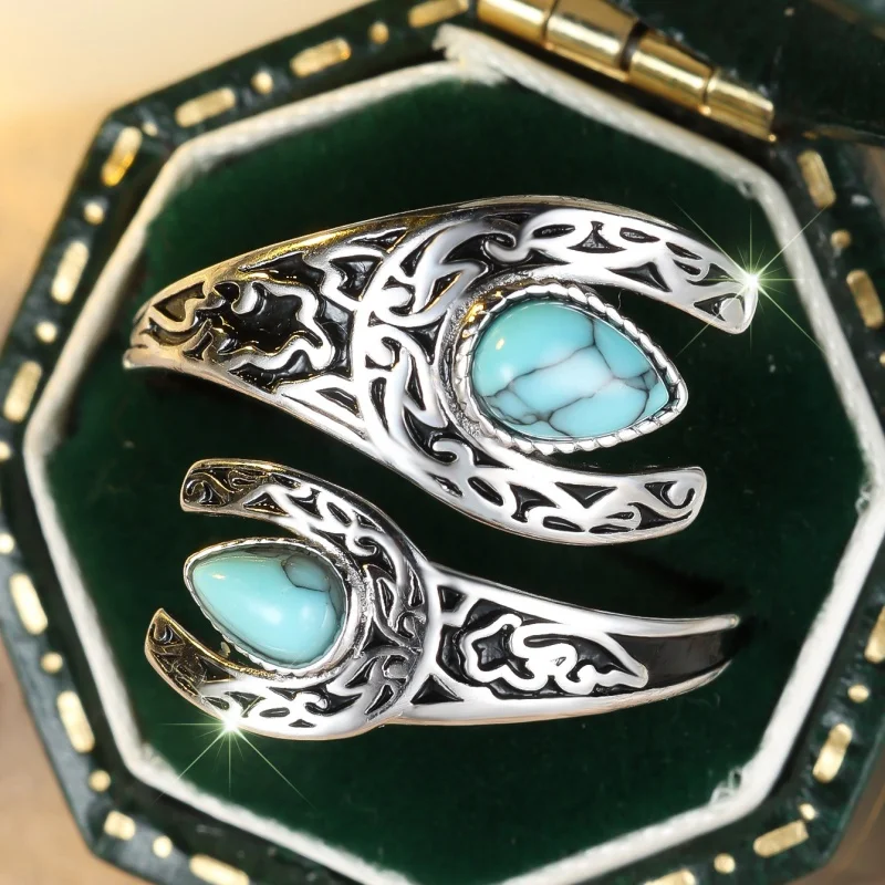 No Fading, Hard Work. Double Sided Water Droplet Turquoise Blackened Open Ring, Fashionable Carving, Adjustable Accessories