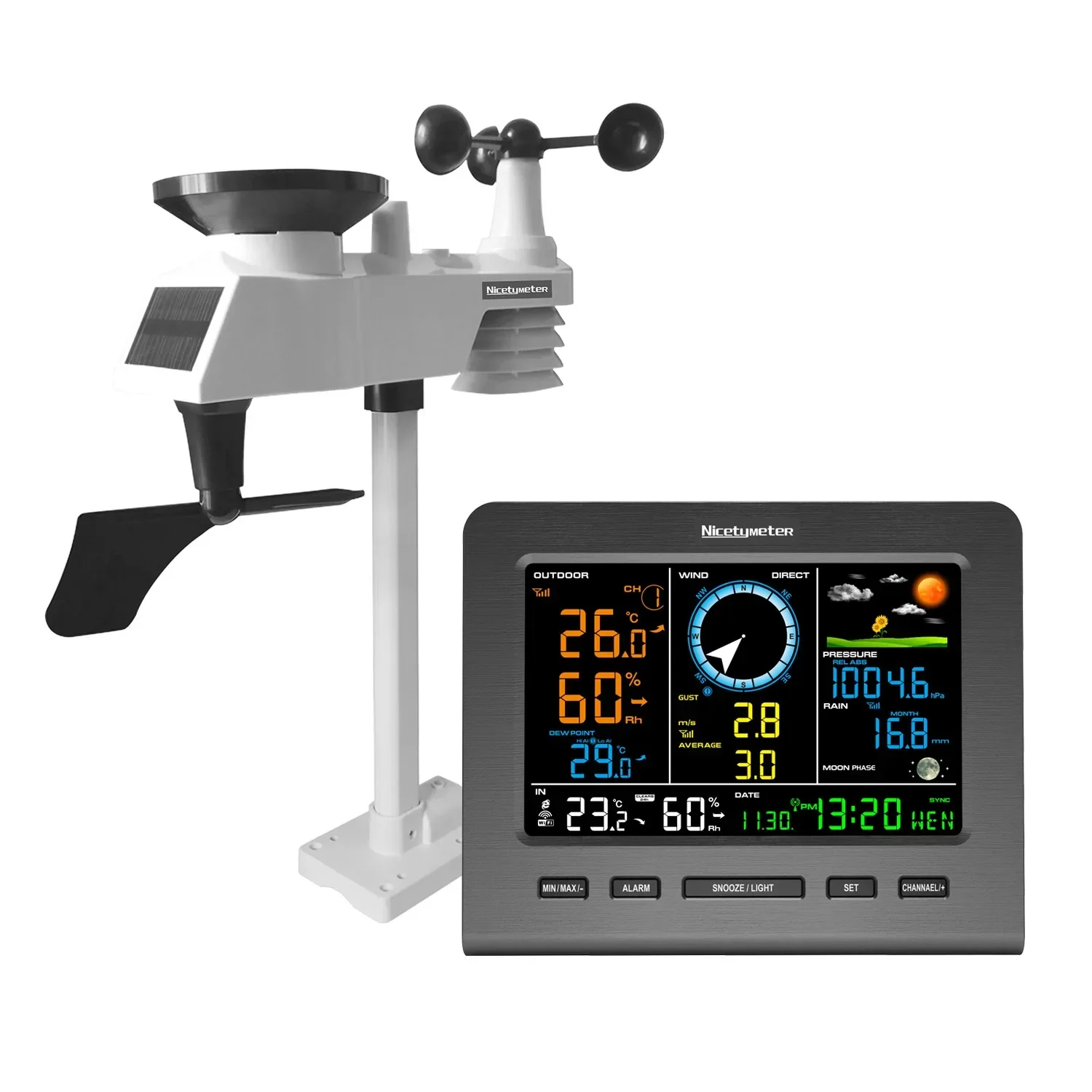 Wireless Anemometer Dual Mount Wind Sensor LCD Weather Station Clock Wind Speed Direction Chill Home Temperature Humidity Meter