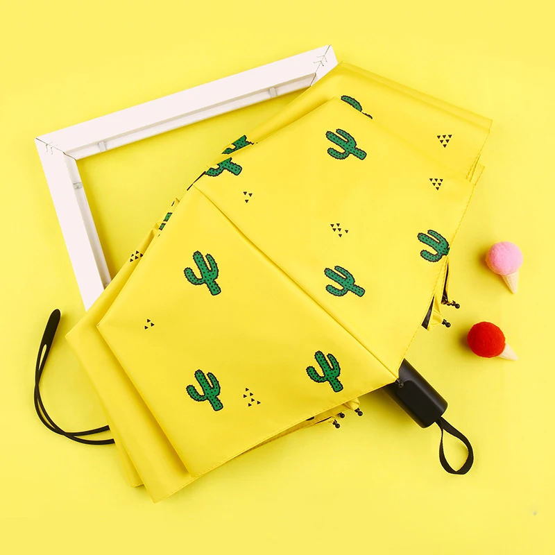 Sunscreen Waterproof Sunny Rainy Umbrella Cute Stylish Cactus Pattern Outdoor Umbrella Household Daily Supplies Yellow