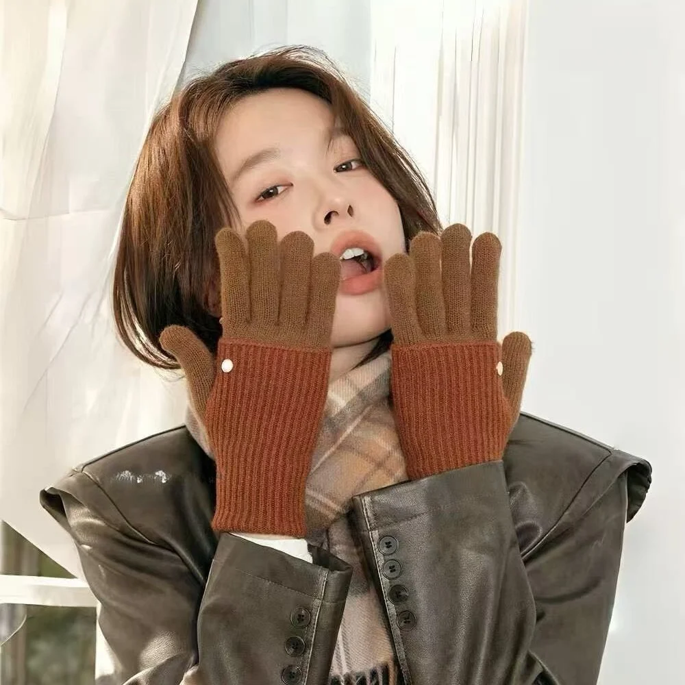 Two Way Color Block Knit Gloves Women Convertible Long Length Warm Winter Gloves for Cold Weather Daily Wear