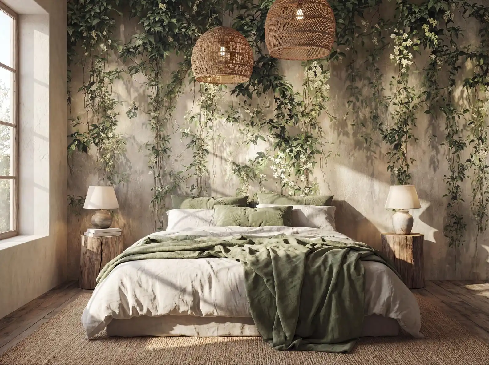 Plant vine wallpaper, green leaf mural, natural decoration, minimalist rural custom wallpaper, living room wallpaper, home mural