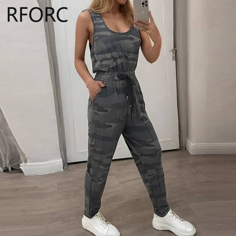 2024 Women Camouflage Pattern Drawstring Round Neck Casual Sleevelss Jumpsuits