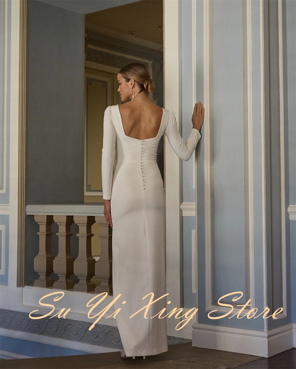 Customized  Graceful Square Collar Long Sleeves Evening Dress Delicate Buttons Back Celebrity Gowns Classic Side Slit P