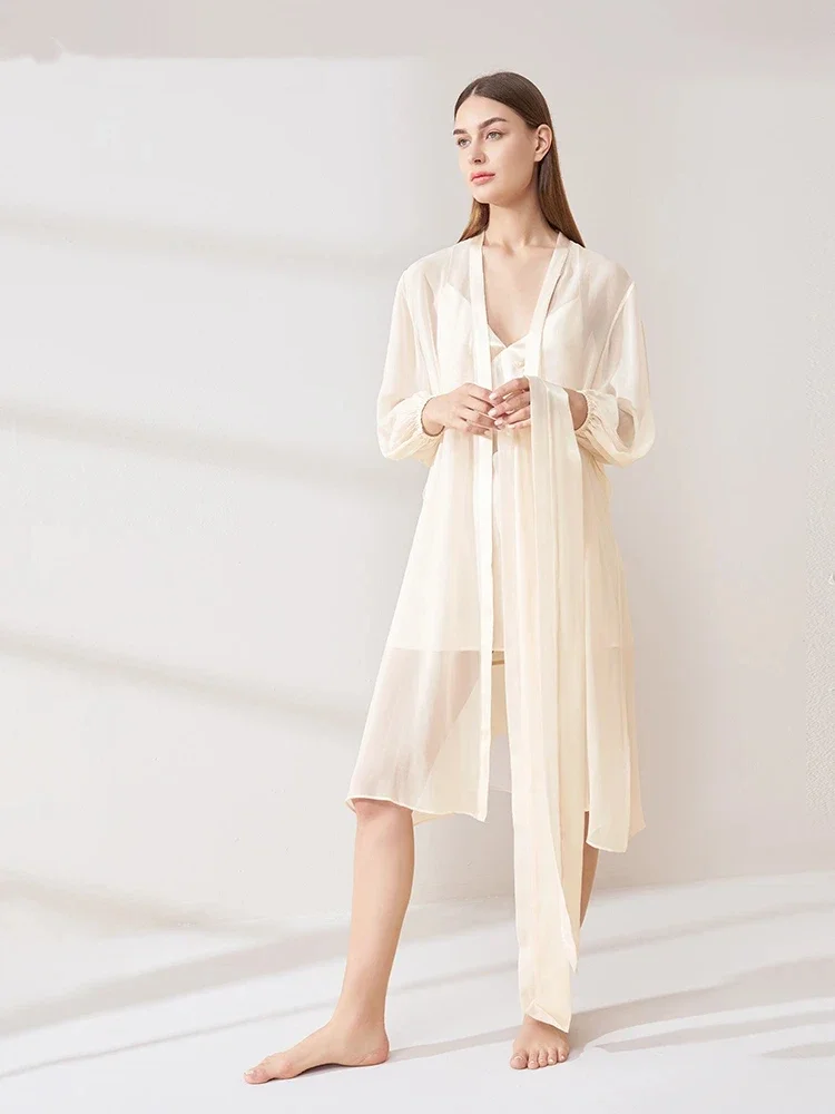 100% Mulberry Silk Camisole Dress and Robe Two-piece Sleepwear Set V Neck Sexy Morning Gown Nightdress with Kimono Bath Robes PJ