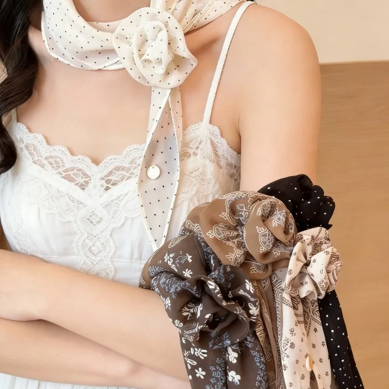 ヴィンテージ風水玉模様3dローズフラワースカーフ-レディース-細長いリボンベルト-ウエストチェーン-ネック-スカーフ-おしゃれなドレスに合うアクセサリー