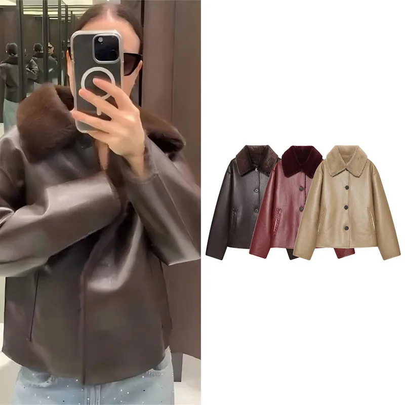 Guobioziy Women's Coat 2026 Autumn and Winter New Style  Faux Fur Lined Collar and PU Leather  Warm and Cold-Resistant